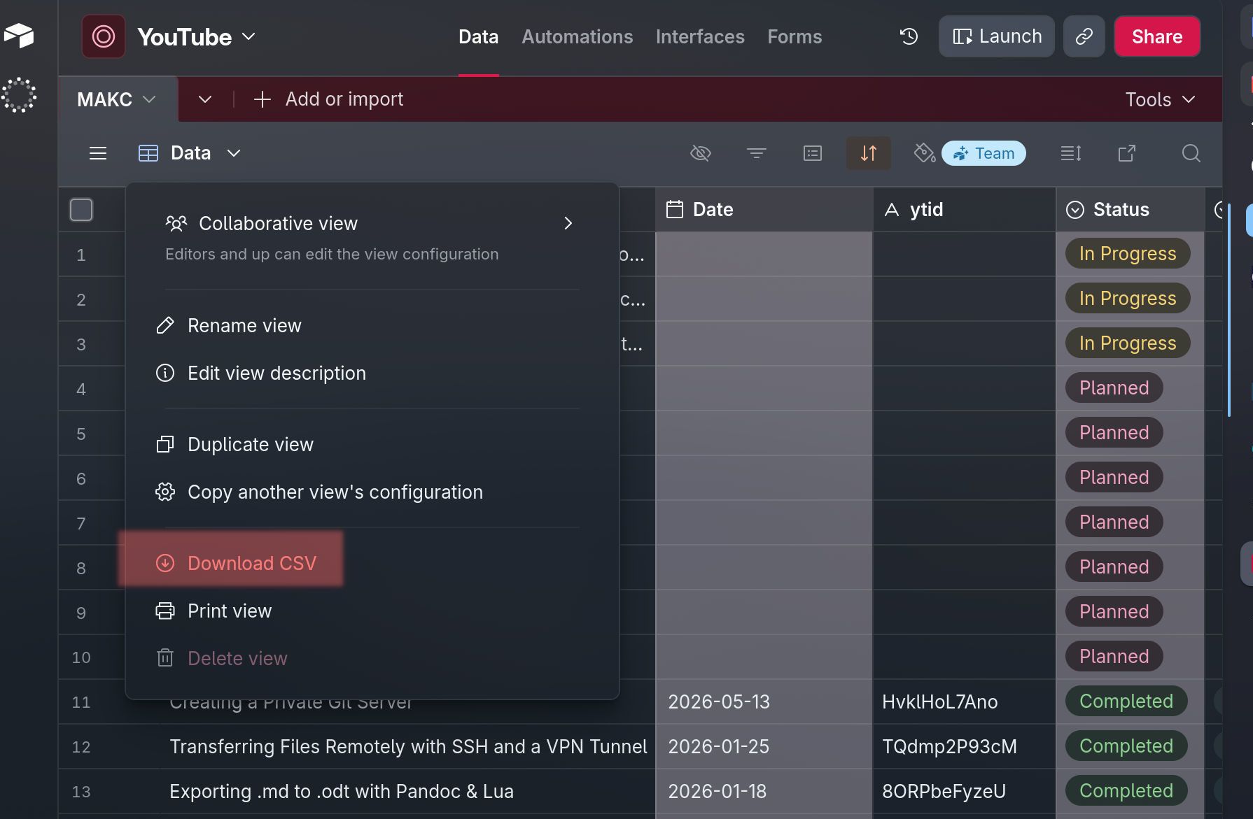 Airtable option to export CSV