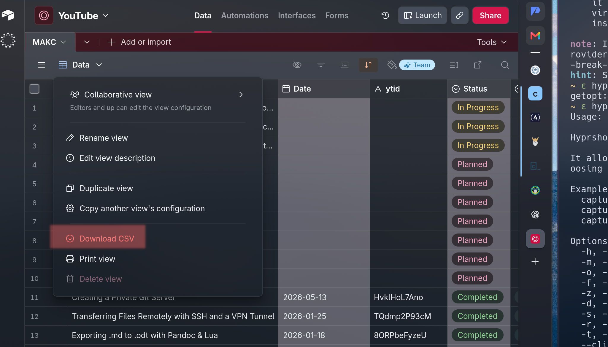 Airtable option to export CSV