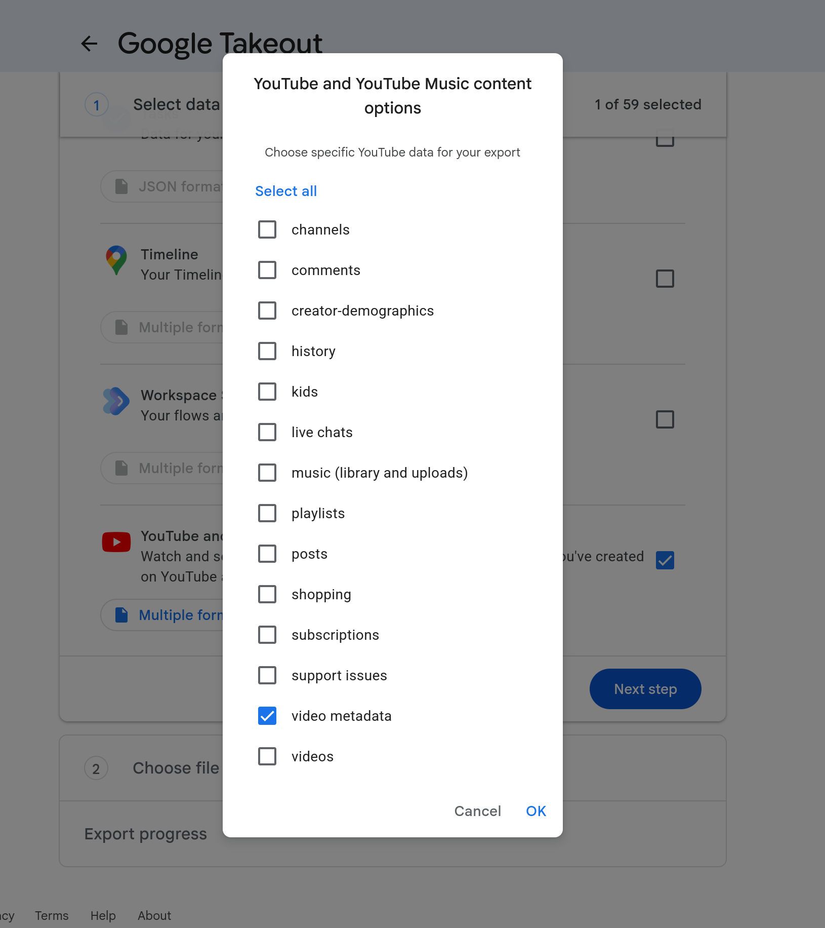 Exporting Google Takeout Data only metadata