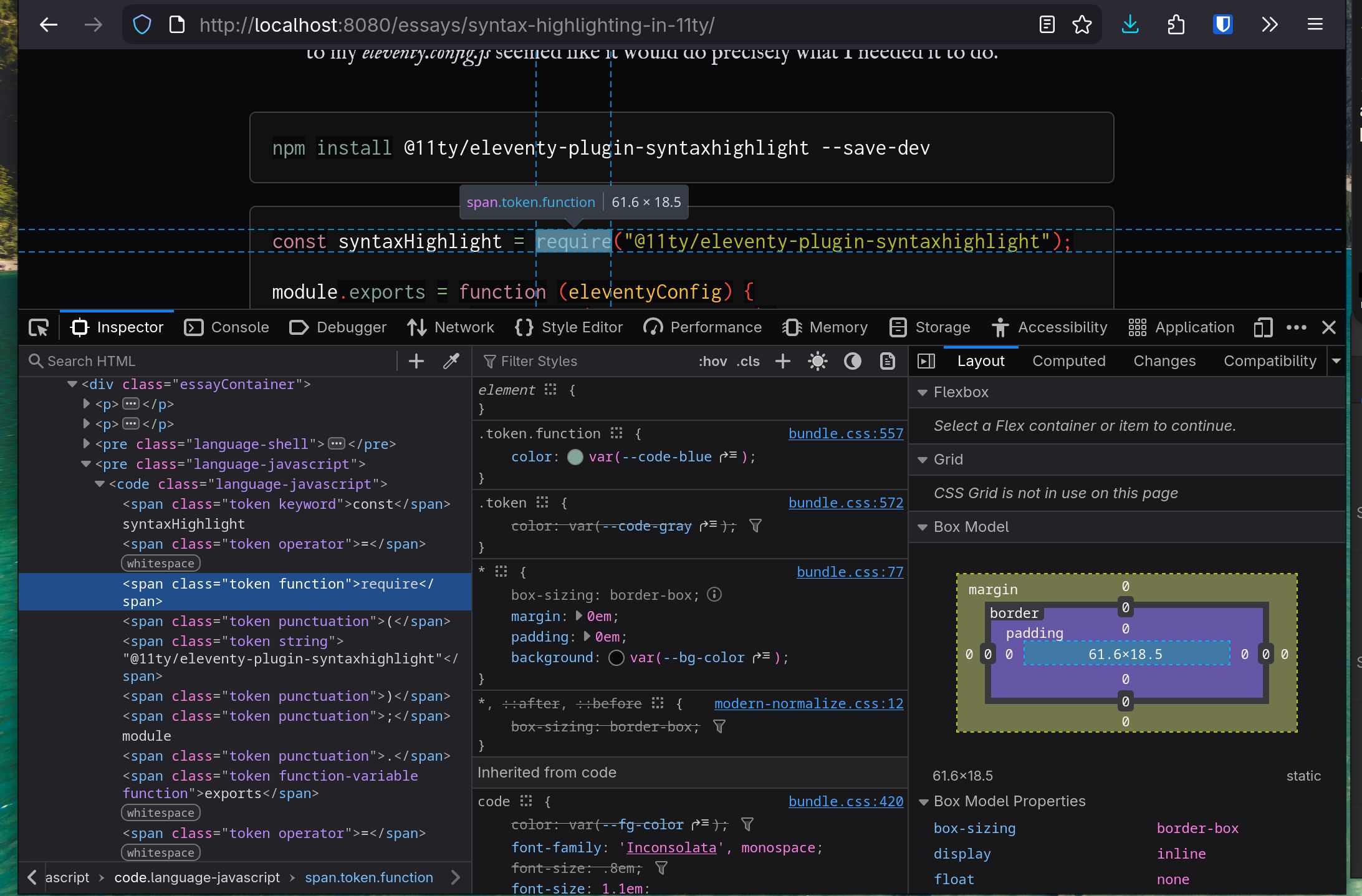 Firefox inspector window proving that the plugin was working
